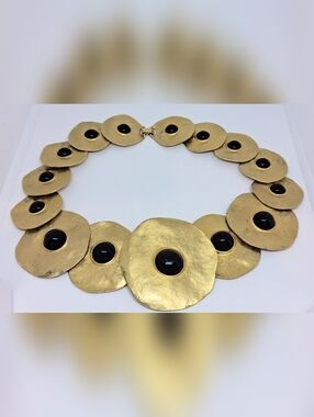 * Vintage Signed Les Bernard 80s Gold Tone Black Cab Necklace